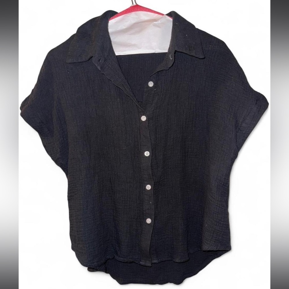 Black linen Button-Up Women's Top